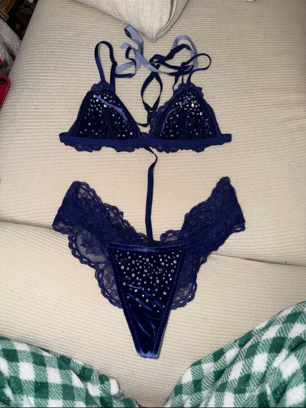 Velvet & Lace Navy Rhinestone lingerie Set